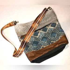 New Myra Bag Mid Town Tide Blue Geometric Aztec Brown Leather Cowhide Crossbody